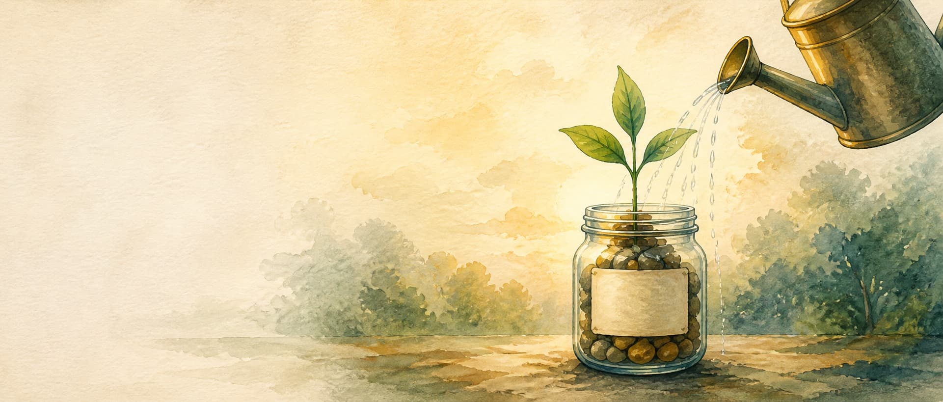 A watering can nurturing a seedling growing from a jar